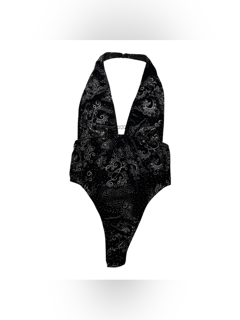 Black Rhinestone Velvet Halter Teddy